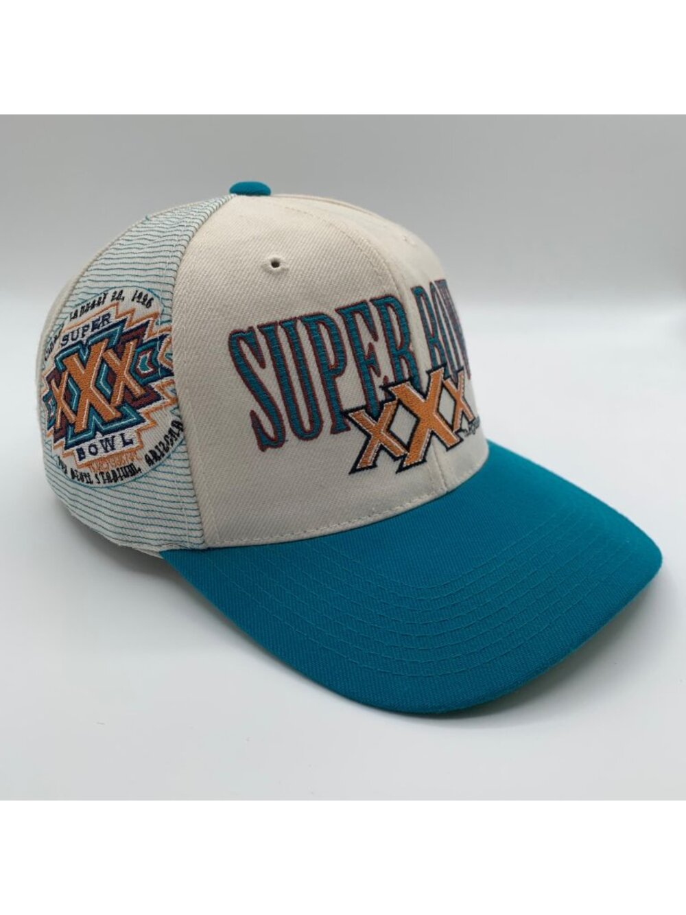 Super Bowl XXX NFL Vintage White Aqua Sports Specialties Laser Snapback Hat